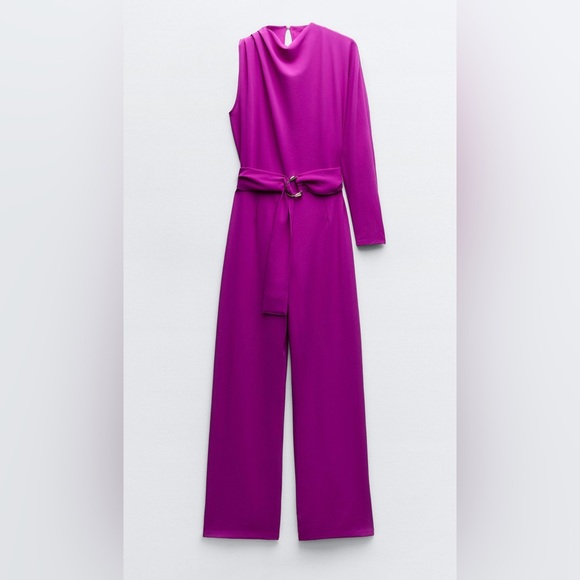 ZARA Women’s Asymmetric Jumpsuit Romper Wide Leg Off Shoulder Belt Cut Out XS - Picture 2 of 8